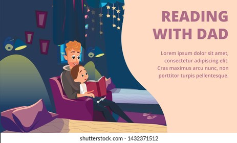 Reading with Dad Banner. Cartoon Father Sit in Armchair Read to Little Son. Boy in Pajamas Sleepwear Listen Vector Illustration. Bedroom Nursery Room. Evening Story Book. Family Relationship