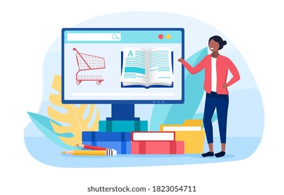 Reading and digital bookstore concept. Colored flat vector illustration