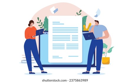 Reading digital document at office job - Businesspeople with computers receiving text at work to read and write together. Flat design vector illustration with white background