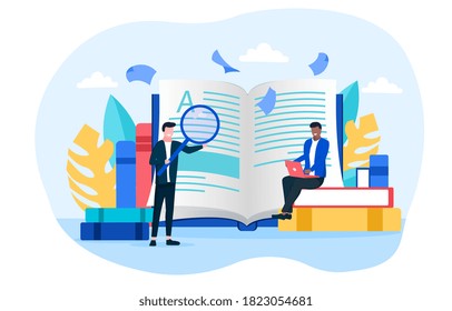 Reading and digital library or bookstore concept. Colored flat vector illustration