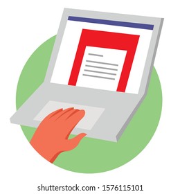 Reading a document on a laptop.