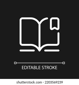 Reading e book pixel perfect white linear ui icon for dark theme. Digital library. Education. Vector line pictogram. Isolated user interface symbol for night mode. Editable stroke. Arial font used