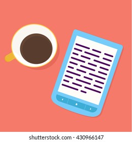 Reading e-book with a cup of coffee 

E-reading, coffee, pleasure, evening, poems, books, tea, tablet - simple illustration for your design,