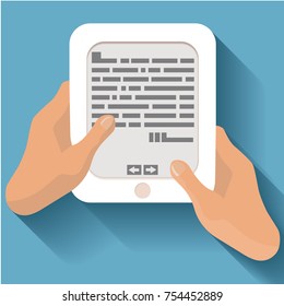 Reading e-book. Flat illustration of an electronic gadget in hand