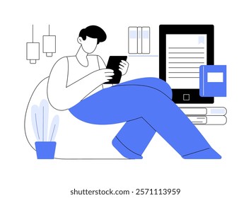 Reading e-book isolated cartoon vector illustrations. Concentrated man reads ebook using tablet at home, digital technology, leisure time alone, literature addiction vector cartoon.