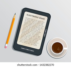 Reading ebook on digital tablet isolated on white background with pencil and cup of coffee. E-book reader concept. Flat design elements for online learning, education mobile apps, banner, promotion