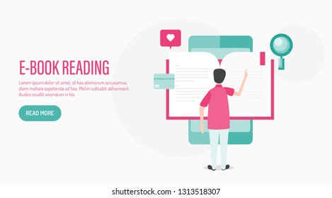 Reading E-book on mobile, Mobile app, E-book marketing, flat design vector template isolated on white background