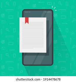 Reading ebook page or digital electronic notepad notebook on cell phone smartphone vector flat cartoon, concept of internet online book text page, textbook sheet on screen on mobile cellphone