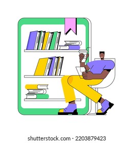 Lesen von E-Büchern, einzelne Cartoon-Vektorgrafiken. Lächelnder Junge, der E-Books liest und Kaffee trinkt, Online-Abschluss, Fernunterricht Vorteile, virtuelle Bildung Vektorgrafik.