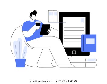 Reading e-books isolated cartoon vector illustrations. Smiling boy reading e-books and drinking coffee, online degree, distance learning advantages, virtual education vector cartoon.