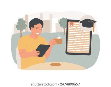 Reading e-books isolated cartoon vector illustrations. Smiling boy reading e-books and drinking coffee, online degree, distance learning advantages, virtual education vector cartoon.