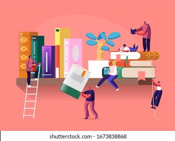 Reading and Education Concept with Tiny Male and Female Character on Shelf with Huge Books. People Read and Study, Students Prepare for Examination, Gaining Knowledges. Cartoon Vector Illustration