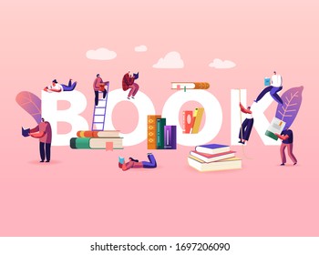 Concepto de lectura y educación. Pequeña Persona Femenina Masculina con Grandes Libros. La gente lee y estudia, los estudiantes se preparan para el examen, y obtienen conocimientos de pancarta. Ilustración de vectores de caricatura
