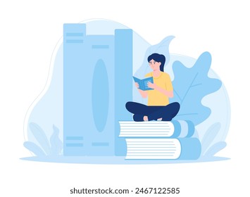 Reading education  female student sitting and reading a book trending concept flat illustration