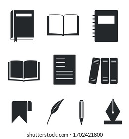 Reading and education glyph icons set. Books and organizers isolated vector silhouette illustrations. Open personal notebooks, pencil, feather black and white negative space design elements pack 