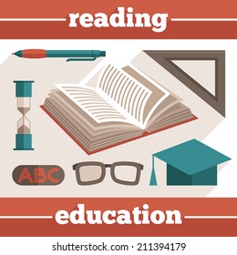 Reading education icons set with book and stationery isolated vector illustration