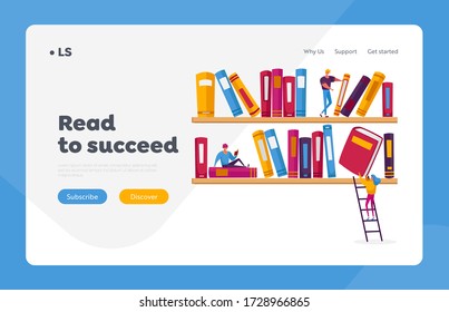 Reading and Education, Media Archive Landing Page Template. People Read and Study, Students Prepare for Exam, Gaining Knowledges. Tiny Characters on Shelf with Huge Books. Cartoon Vector Illustration