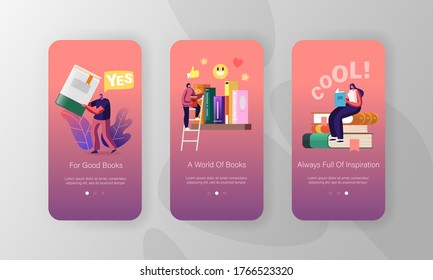 Reading and Education Mobile App Page Onboard Screen Template. Tiny Characters on Shelf with Huge Books. People Read and Study, Prepare for Examination, Knowledges Concept. Cartoon Vector Illustration