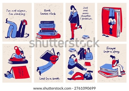 Reading and education naive book lovers bold vector isolated cute illustrations of people reading books library stacks and literary characters for sticker print and branding