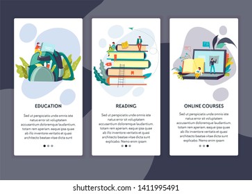 Reading education and online courses web page templates vector books pile backpack and laptop distant learning and studying degree receiving knowledge school subjects textbook Internet site mockup