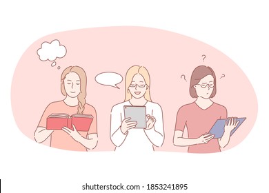 Reading for education, studying, business concept. Young women cartoon characters reading book, tablet online and official document to learn information for work or relax vector illustration 