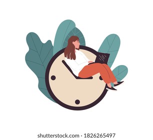 Reading, education or working concept. Young woman sitting at the hands of the clock with a laptop on her knees. Flat vector illustration.