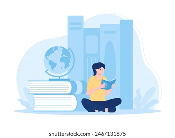 Reading educational learning students sitting reading books and globe trending concept flat illustration