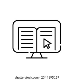 Leyendo libro electrónico en computadora de escritorio. Icono perfecto de píxeles