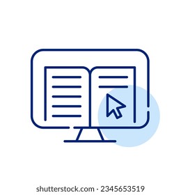 Reading electronic book on desktop computer. Pixel perfect, editable stroke icon