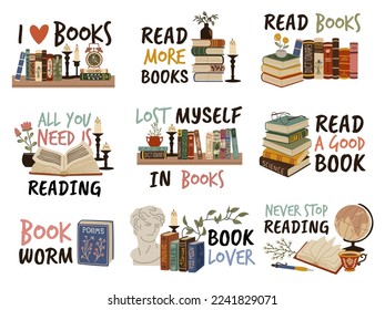 Reading emblems. Books with cute phrases, library labels, cozy quotes, hand drawn retro shelves literature, poems and short stories, poetry and textbook, tidy vector cartoon flat style set