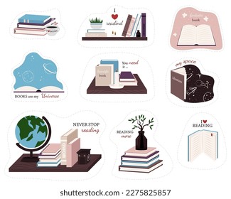 Reading emblems. Bookstore, library icon. Science literature, dictionary. Study books pile. Studies symbol.