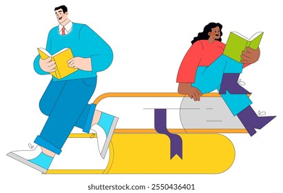 Reading enjoyment concept. A man and woman lost in books while sitting on oversized bookmarks. Literacy encouragement, leisure education. Vector illustration.