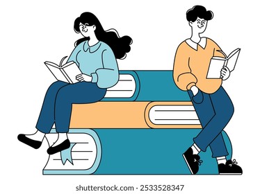 Reading enthusiasts concept. Two individuals lost in literature, seated on giant books. Intellectual pursuit and leisure in a minimalist design. Vector illustration.