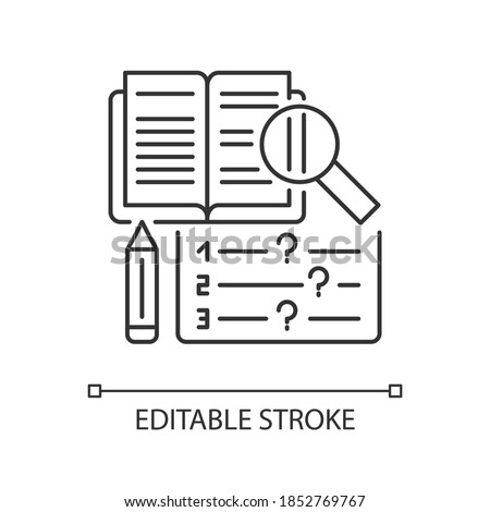 Reading examination pixel perfect linear icon. Comprehension practice tests. Education. Thin line customizable illustration. Contour symbol. Vector isolated outline drawing. Editable stroke