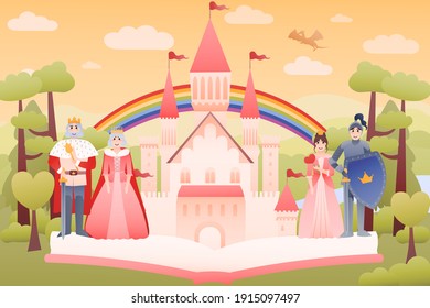 Reading fairy tales concept with open book, medieval castle, rolay family - king and queen, knight and princess, fantasy dreamlike world landscape with flying dragon