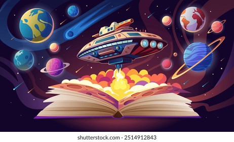 Reading fan fiction literature, imagination about space adventures, kids fantasy and dreams poster. Alien starship flying out of pages of open book, planets of Solar system cartoon vector illustration