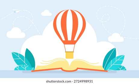 Lectura, fantasía, reflexión. Libro abierto y globo. Libros de aventuras. Las Páginas se abren en un lugar interesante de la trama. Libros de globos aerostáticos. Ilustración vectorial