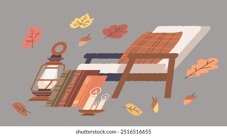 Reading favorite book on autumn evening. Hand drawn style flat vector illustration