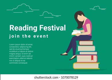 Reading festival concept vector illustration of young woman sitting in many books and reading interesting book. Flat design for libraries, education and exam preparing