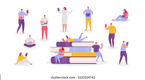 Reading flat huge people and giant books stack vector illustration isolated on white set. Men, women read books fiction or educational literature while standing, sitting, in various poses with books.