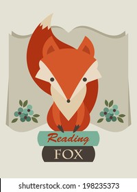 Reading fox. Retro vector illustration of fox sitting on books