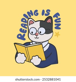 Reading is Fun Cat reading Sticker Vector Cute Illustration