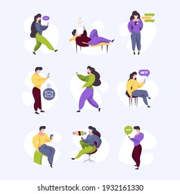Reading gadgets. People chatting reading online books on smartphones and tablets students library garish vector characters