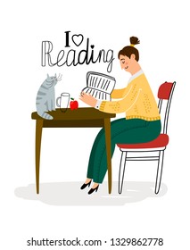 Reading girl. Beauty casual student woman girls love to read books with cute funny haughty cat vector illustration