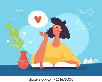 Reading girl with the books and love heart sign. Modern flat design style. Illustration for web pages, book app, books and posters. 