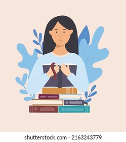 Reading girl cartoon vector illustration. Flat style reading concept. Woman holding a book. Education concept for student, school, online education, personal growth. Read more books flat style card