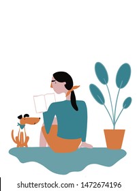 Reading girl with a dog vector illustration
