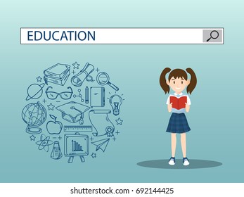 Reading girl with education search engine bar  illustration design.vector