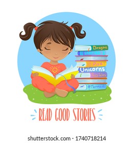 Reading girl illustration design. Vector illustration concept of cute little girl reading a book in siting pose. Good for banner, greeting card, posters.