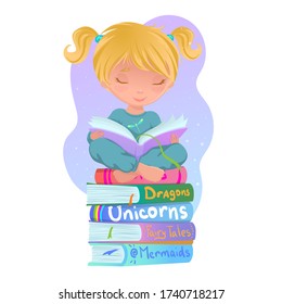 Reading girl illustration design. Vector illustration concept of cute little girl reading a book in siting pose. Good for banner, greeting card, posters.